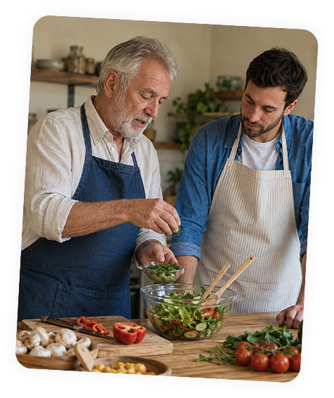 Deux générations cuisinent ensemble